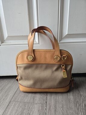 Vintage Dooney Bourke Cabriolet Dome Satchel Canvas Tan Arch Handles Made USA